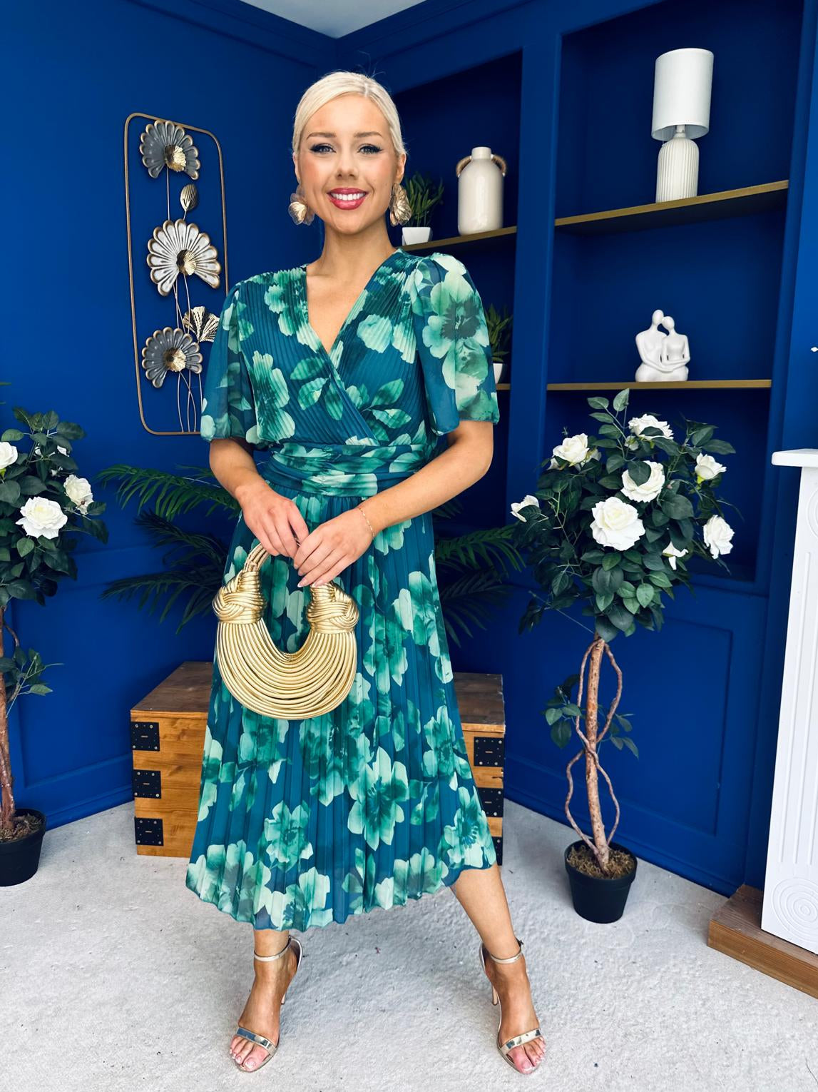 Saorlaith Pleated Midi Dress Floral Green