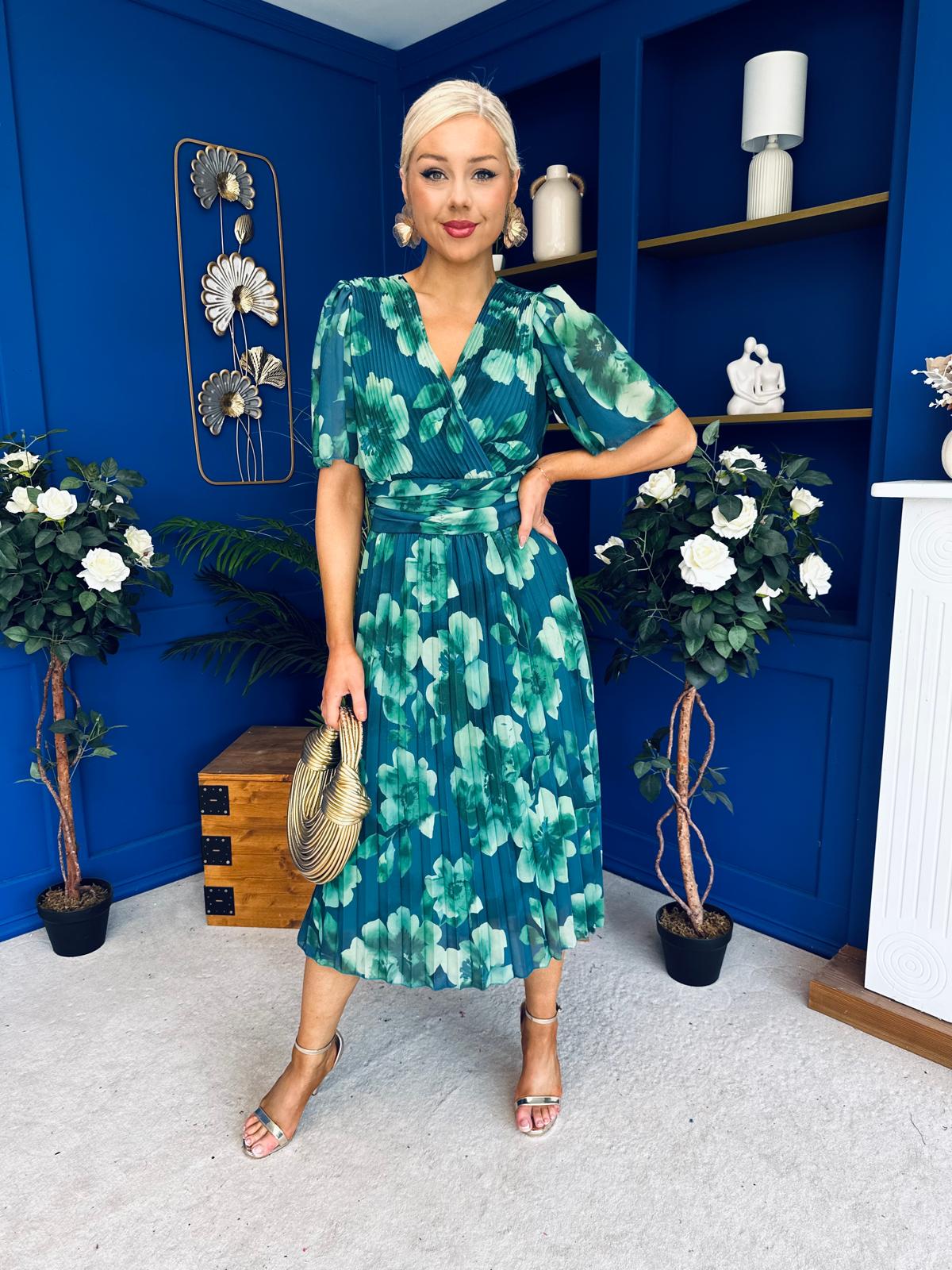 Saorlaith Pleated Midi Dress Floral Green