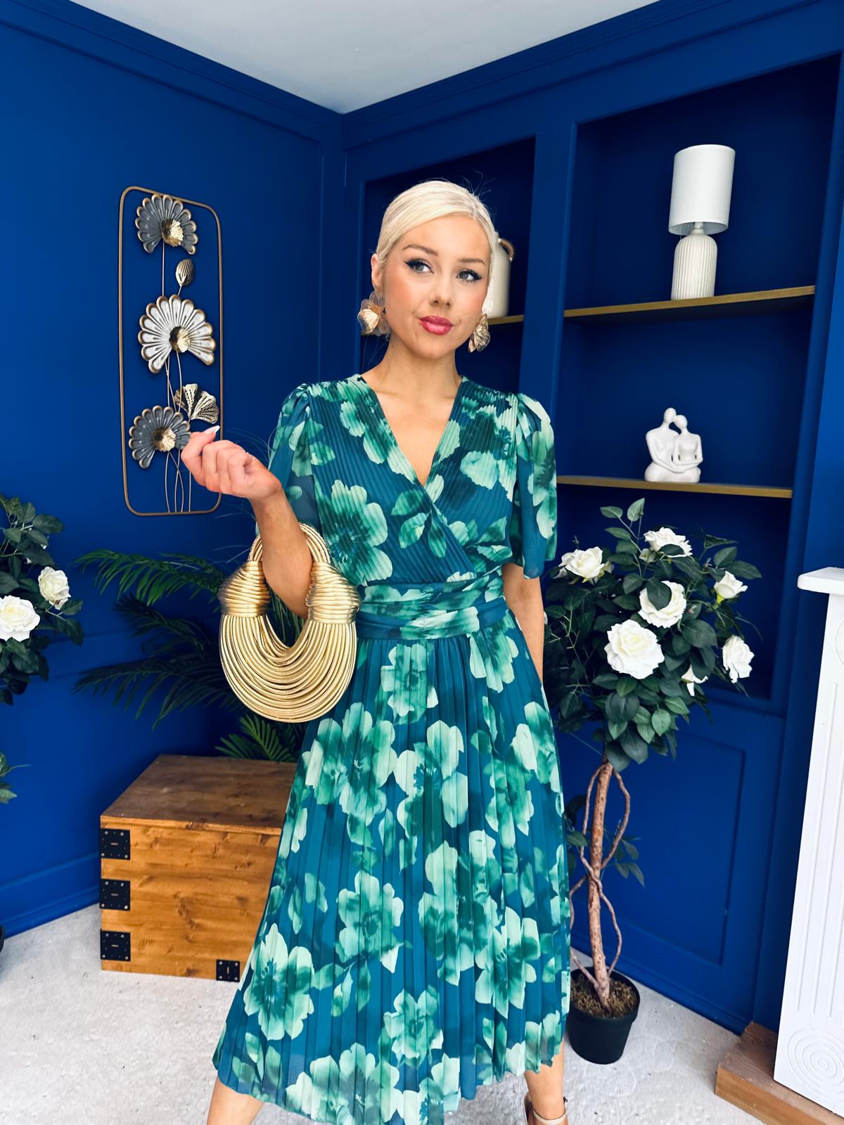 Saorlaith Pleated Midi Dress Floral Green