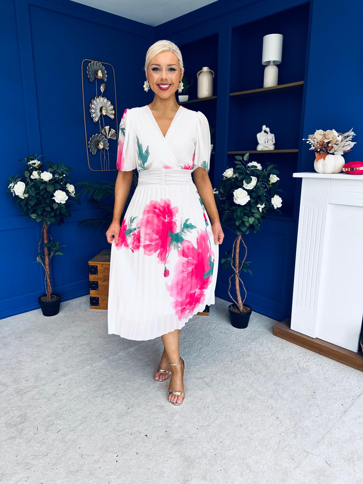 Saorlaith Pleated Midi Dress Floral White