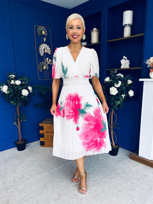 Saorlaith Pleated Midi Dress Floral White