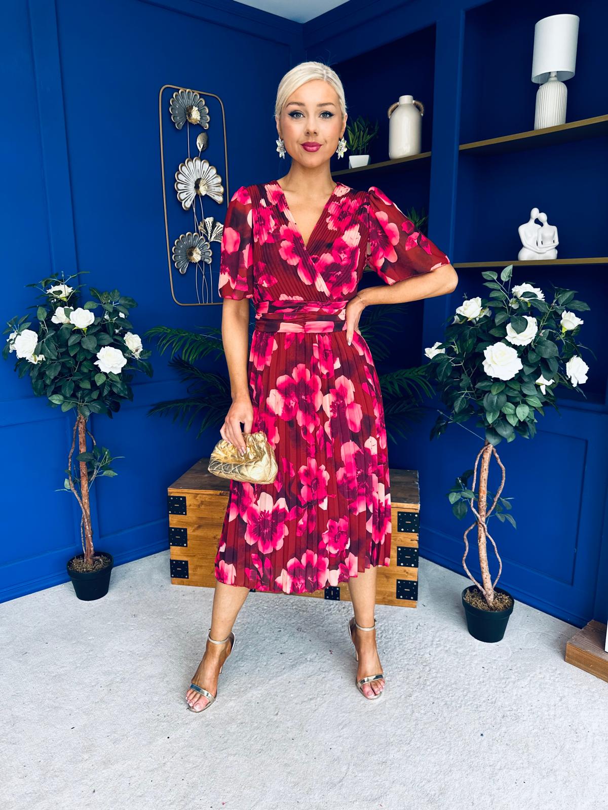 Saorlaith Pleated Midi Dress Floral Ruby