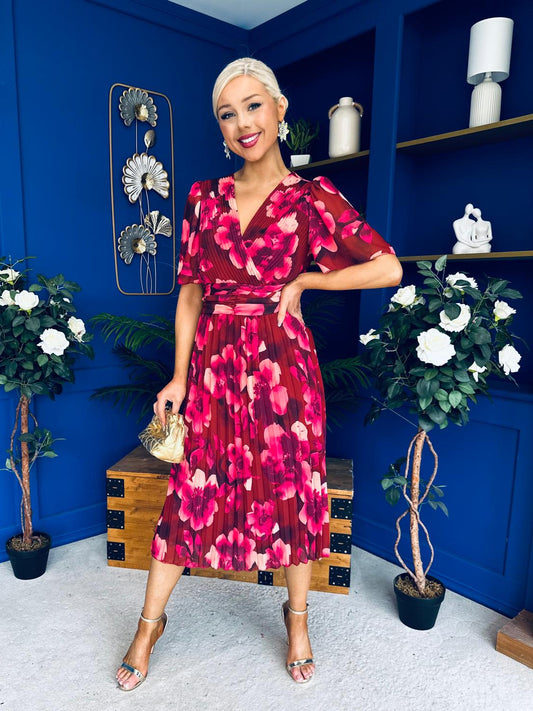 Saorlaith Pleated Midi Dress Floral Ruby