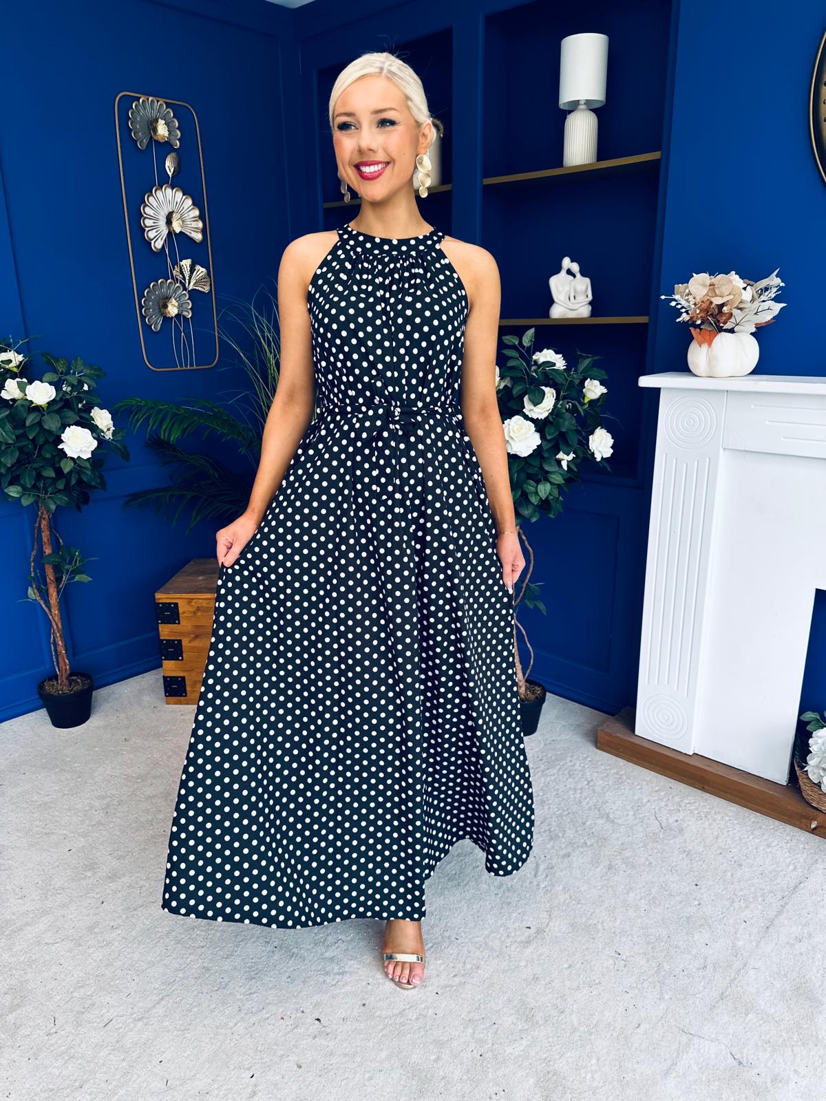 Nakita High Neck Maxi Dress Polka Black