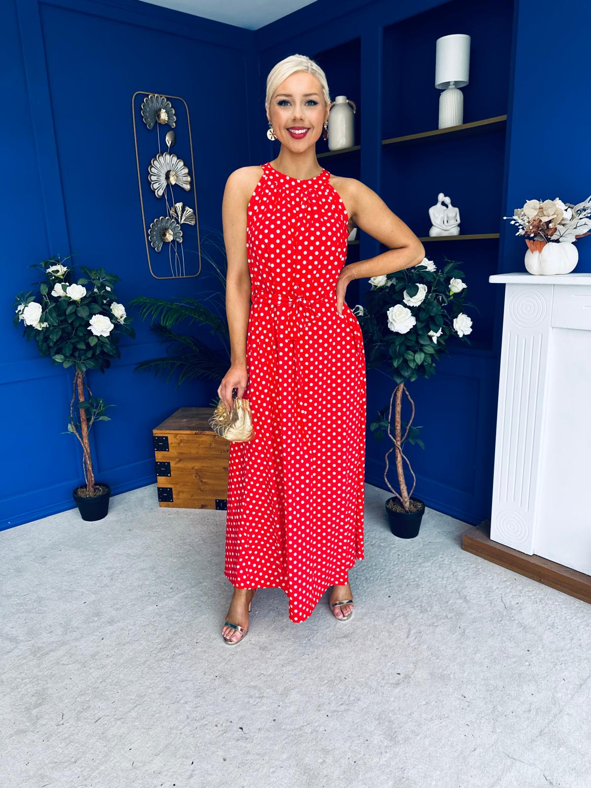 Nakita High Neck Maxi Dress Polka Red