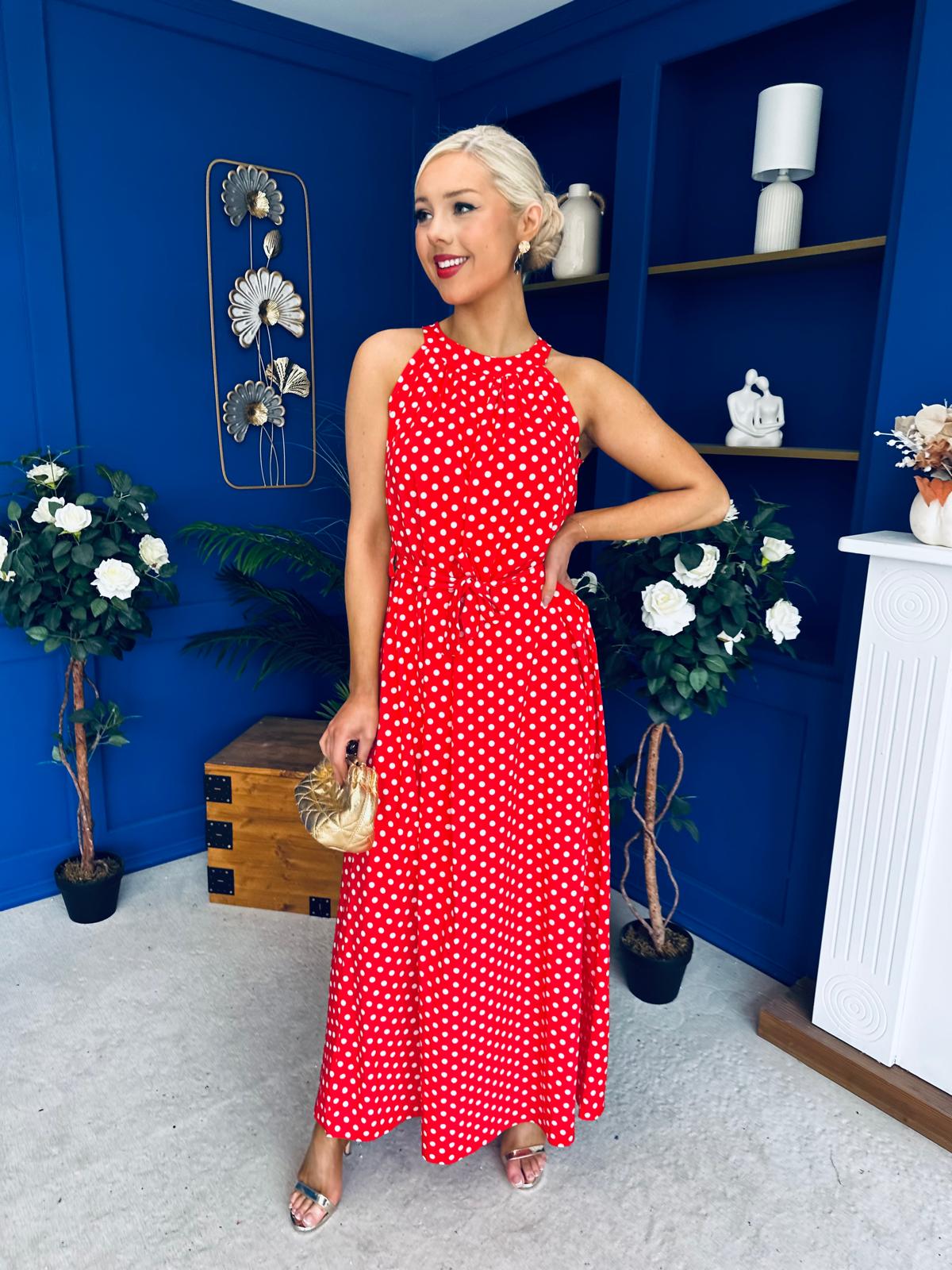 Nakita High Neck Maxi Dress Polka Red