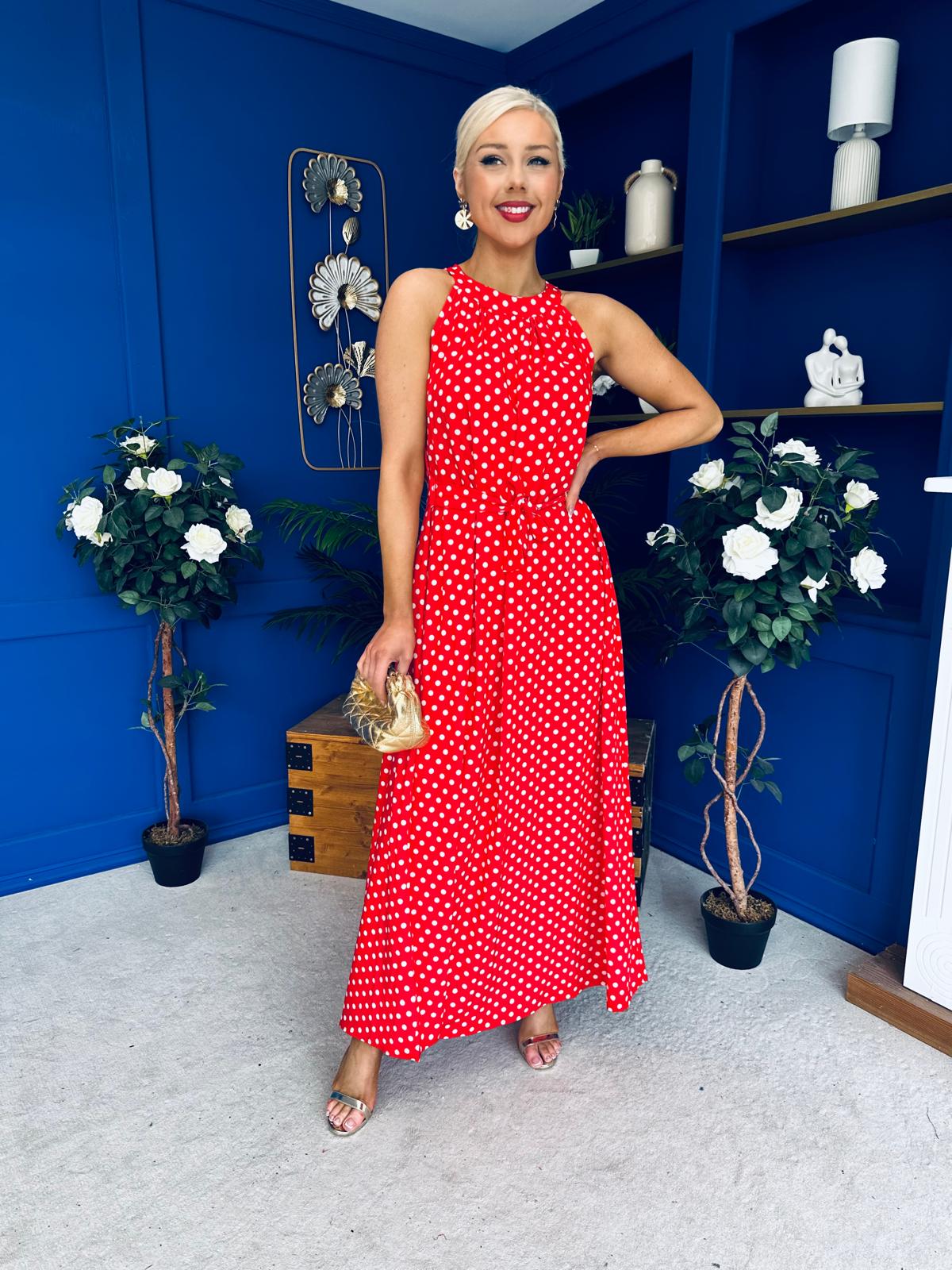 Nakita High Neck Maxi Dress Polka Red