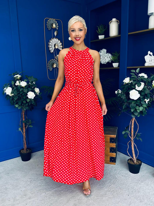 Nakita High Neck Maxi Dress Polka Red