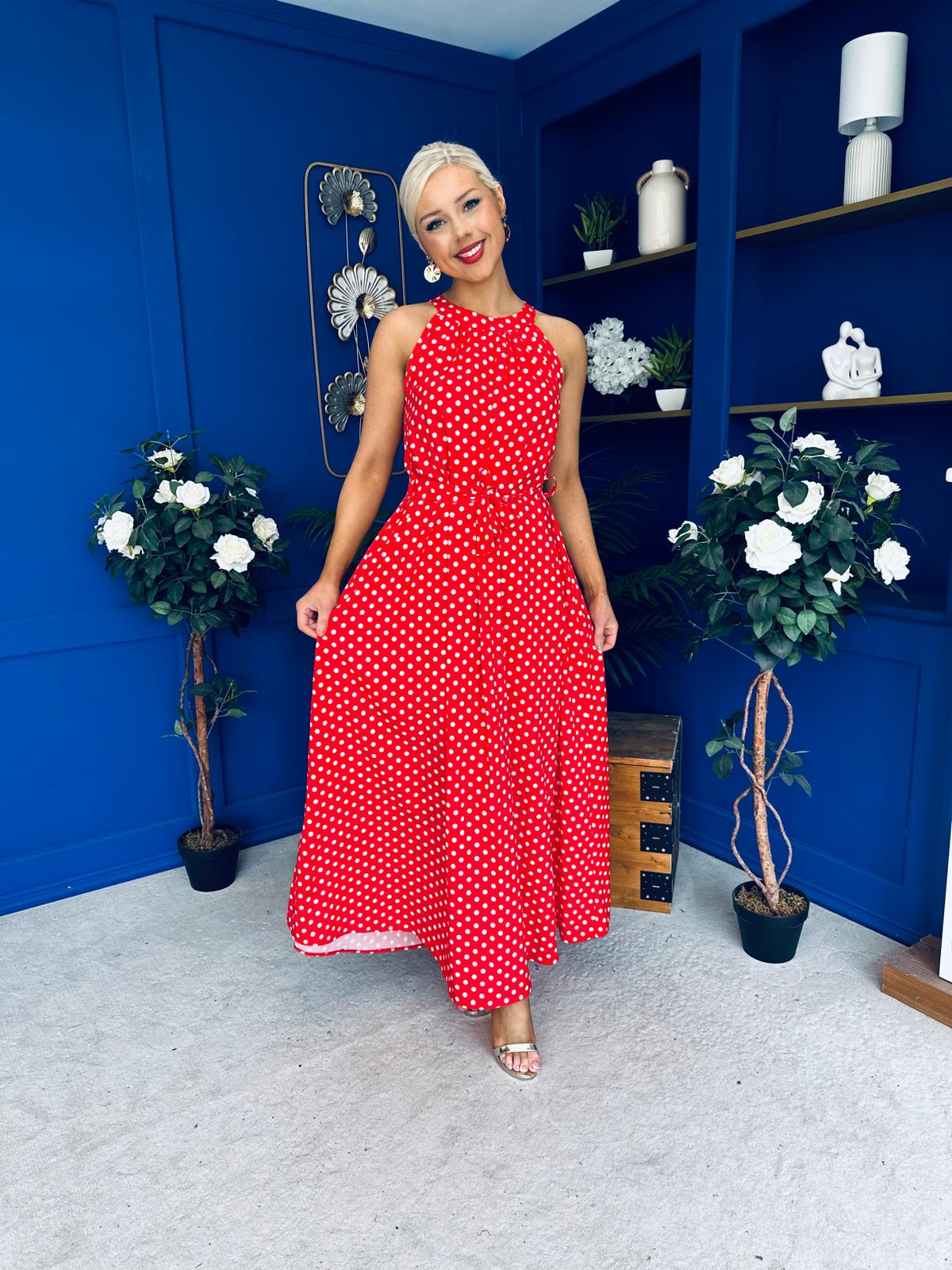 Nakita High Neck Maxi Dress Polka Red