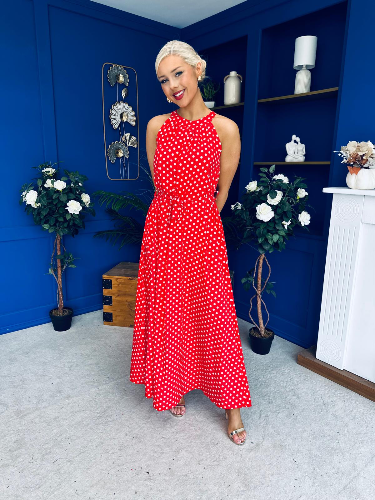 Nakita High Neck Maxi Dress Polka Red