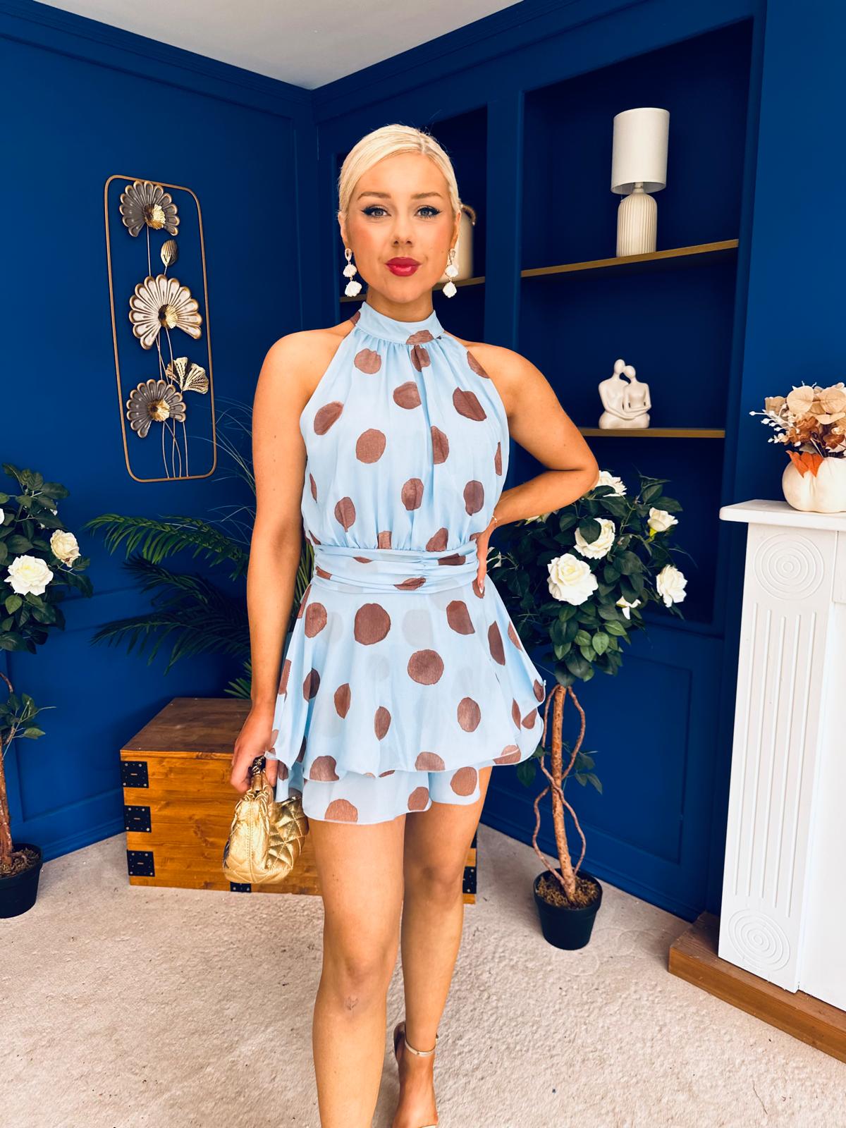 Bianka Frill Detail Playsuit Polka Blue