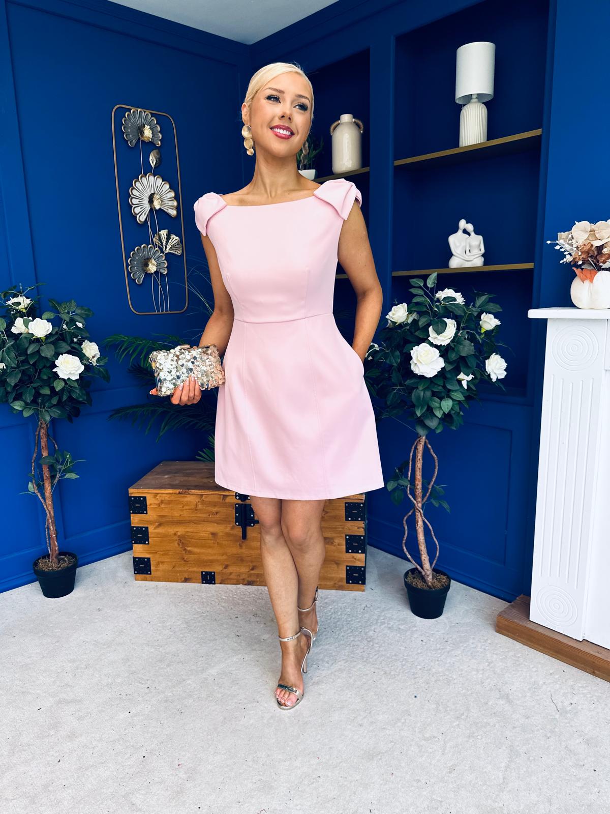 Milano Bow Detail Mini Dress Baby Pink