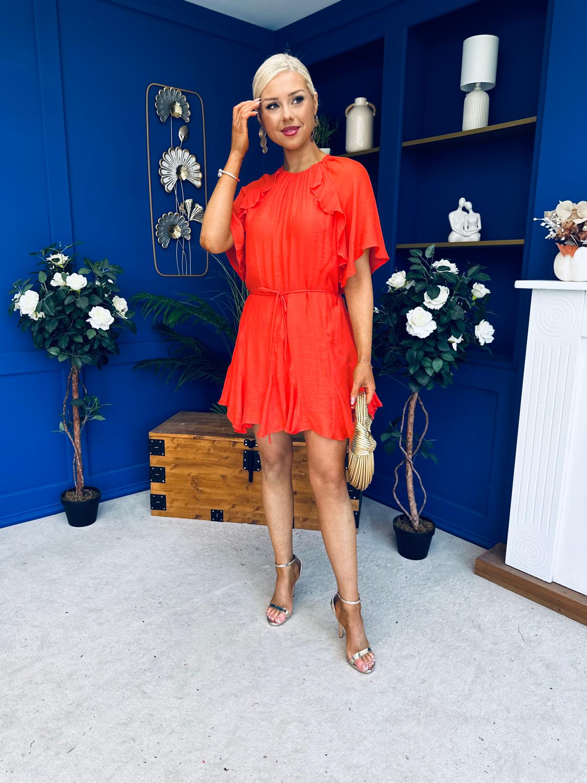 Romy Frill Detail Mini Dress Coral
