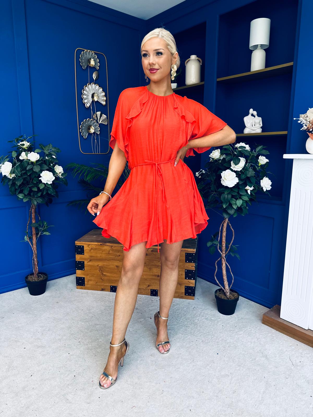 Romy Frill Detail Mini Dress Coral