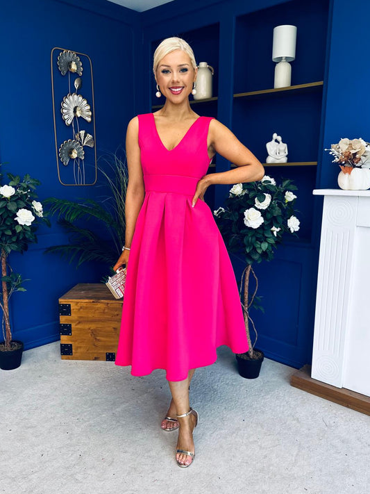 Bethany V Neck Skater Midi Hot Pink