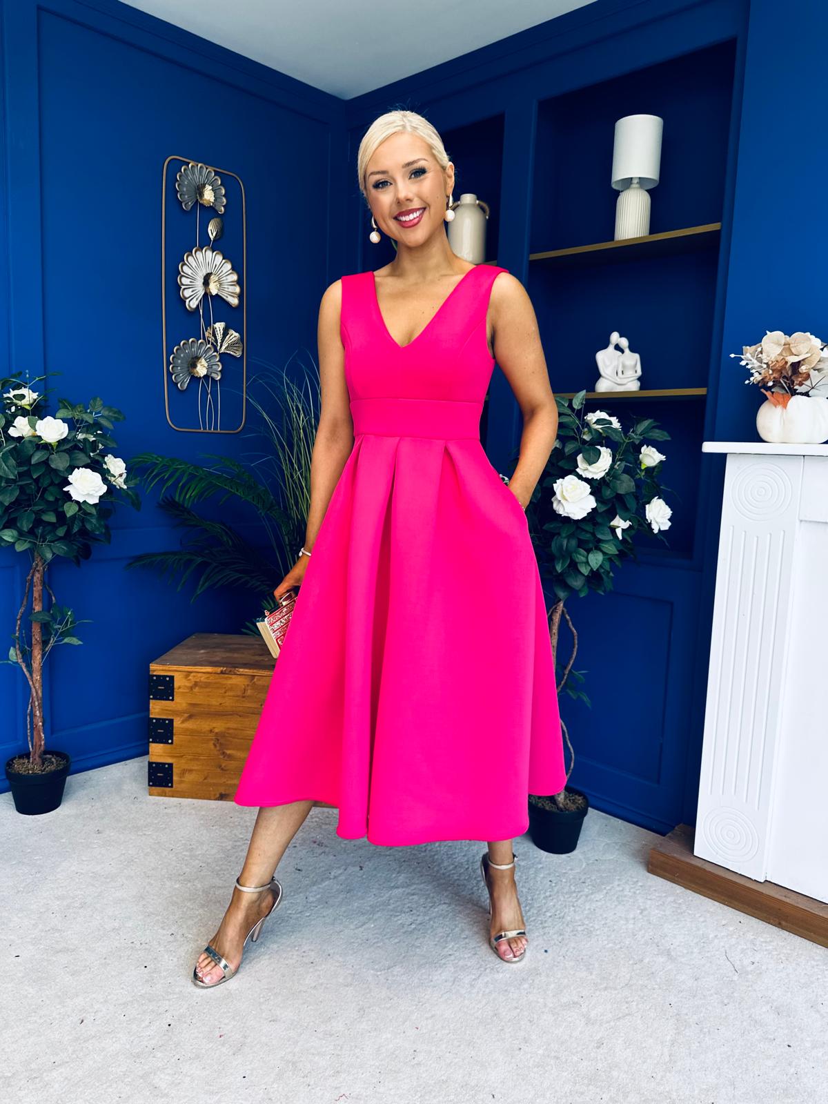 Bethany V Neck Skater Midi Hot Pink