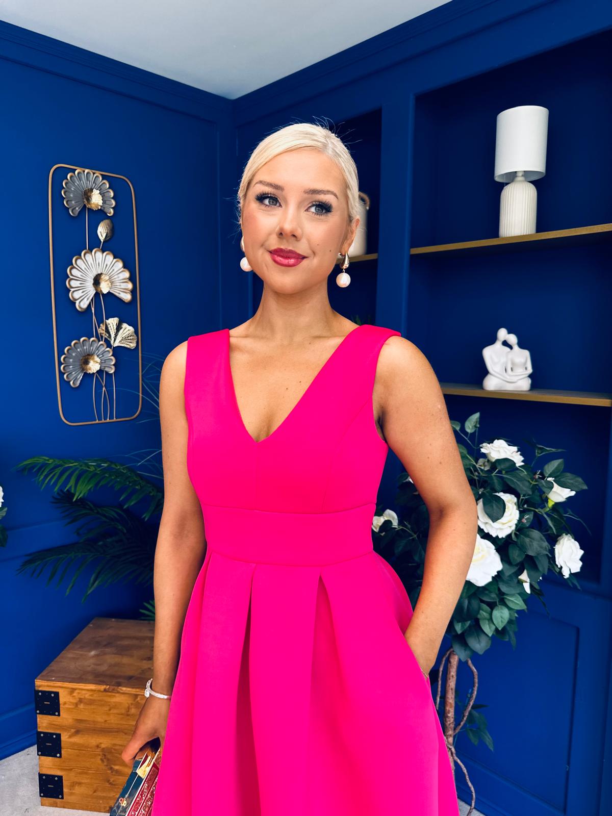 Bethany V Neck Skater Midi Hot Pink
