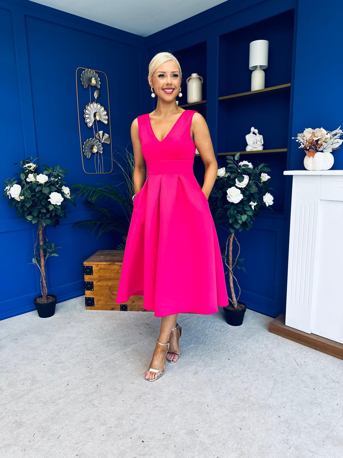 Bethany V Neck Skater Midi Hot Pink