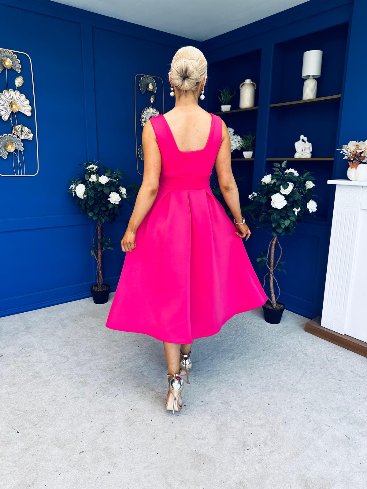Bethany V Neck Skater Midi Hot Pink