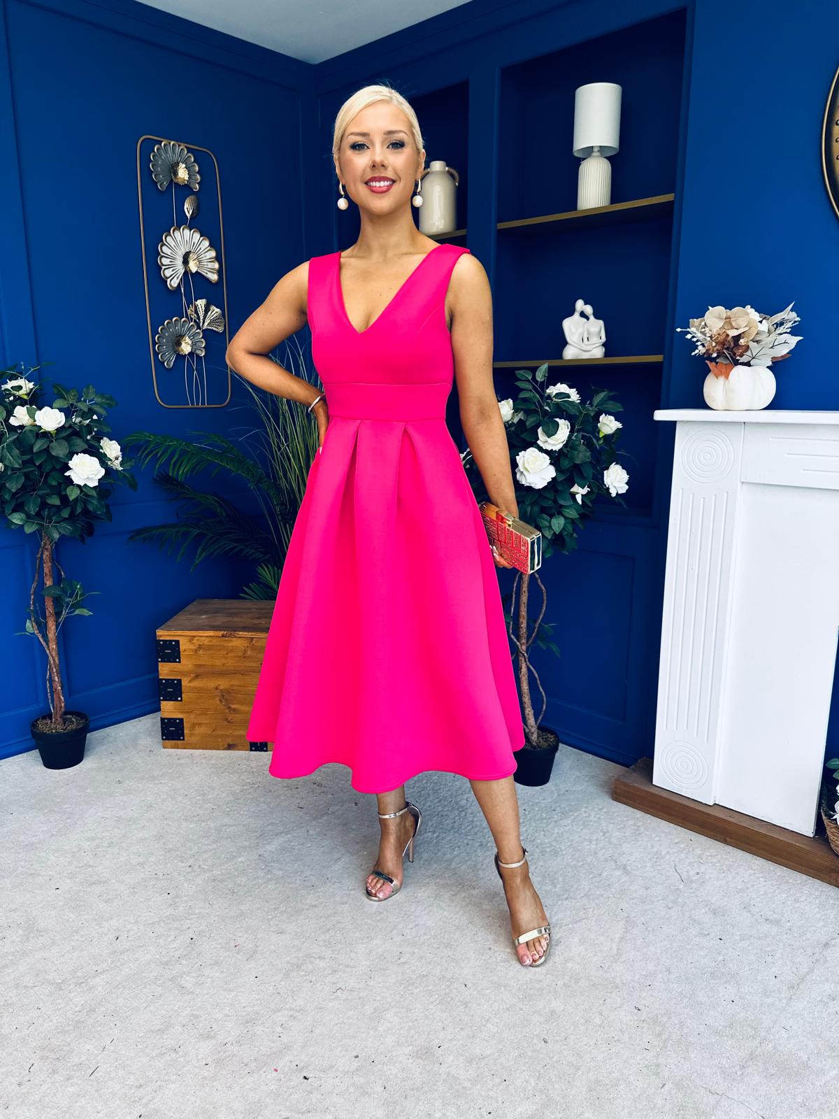 Bethany V Neck Skater Midi Hot Pink