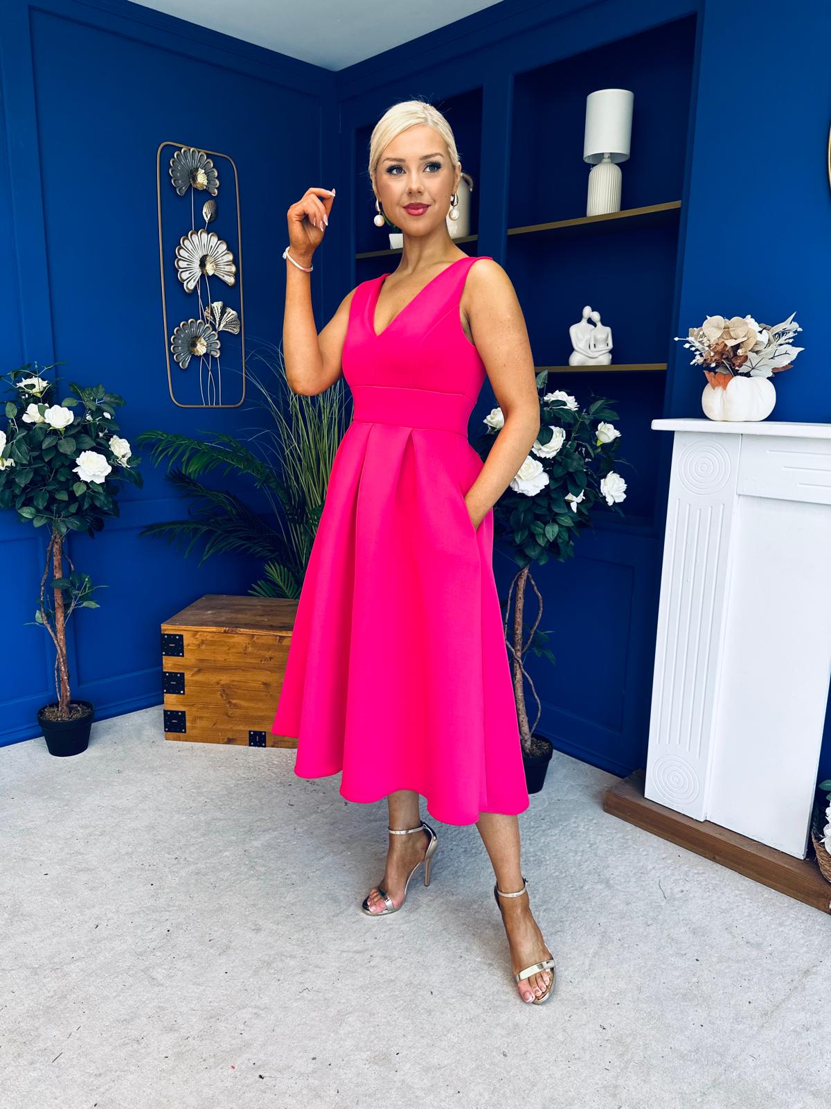 Bethany V Neck Skater Midi Hot Pink