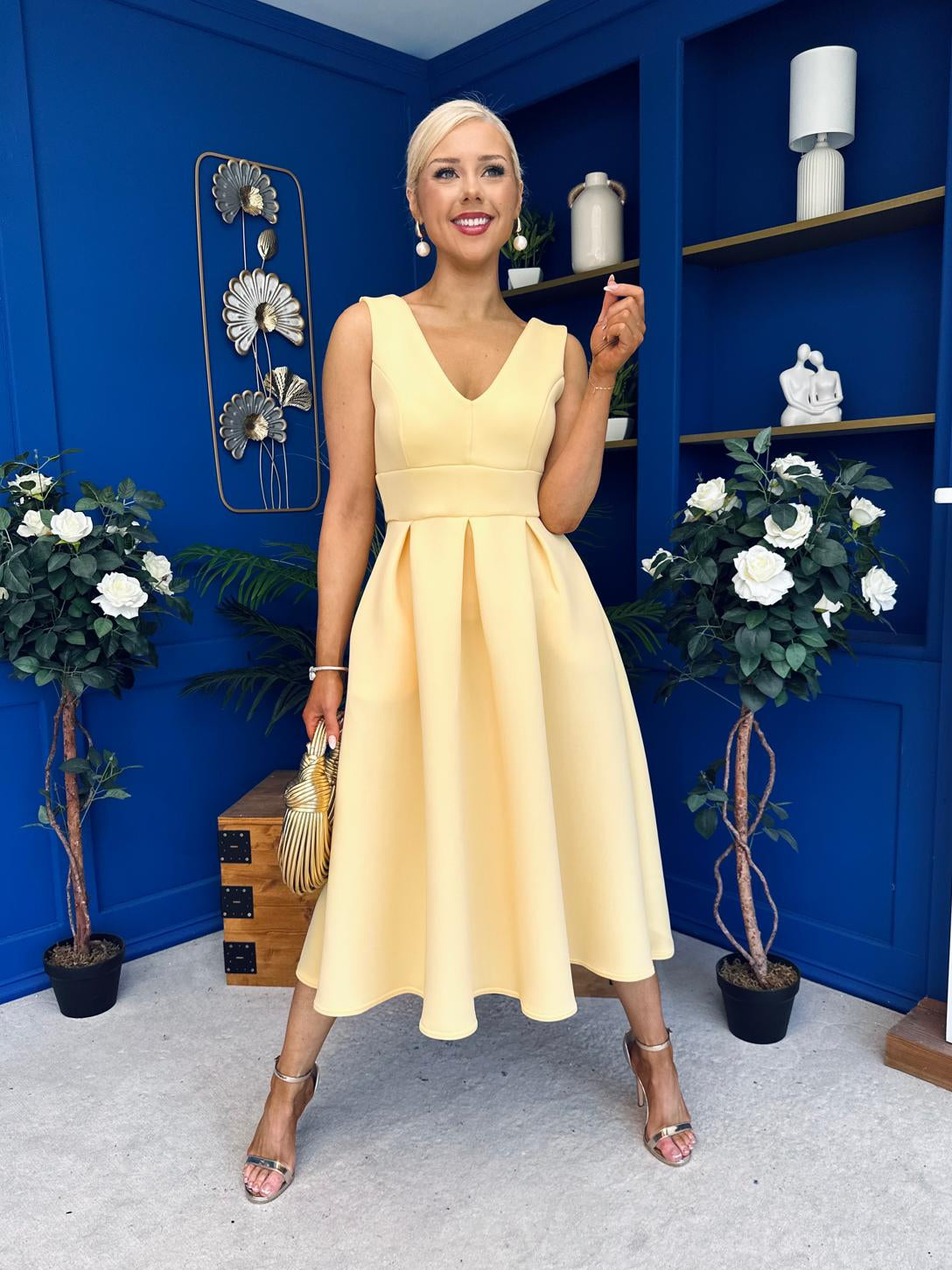 Bethany V Neck Skater Midi Yellow