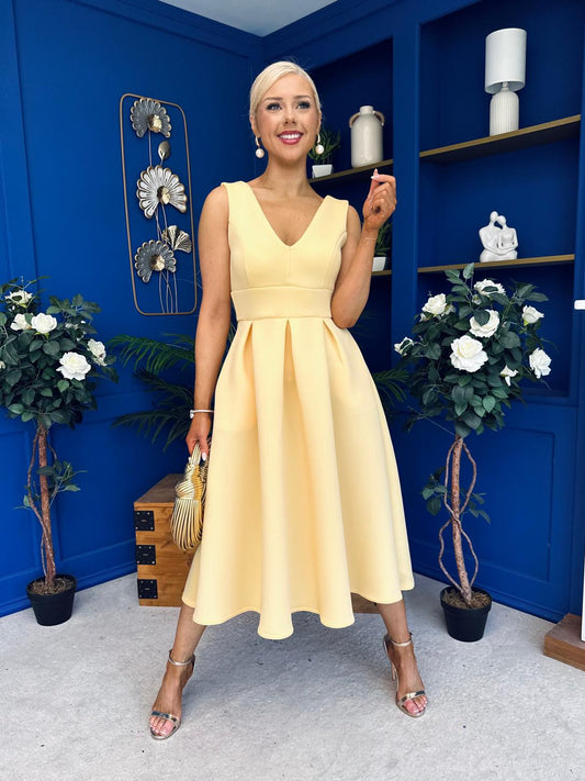 Bethany V Neck Skater Midi Yellow