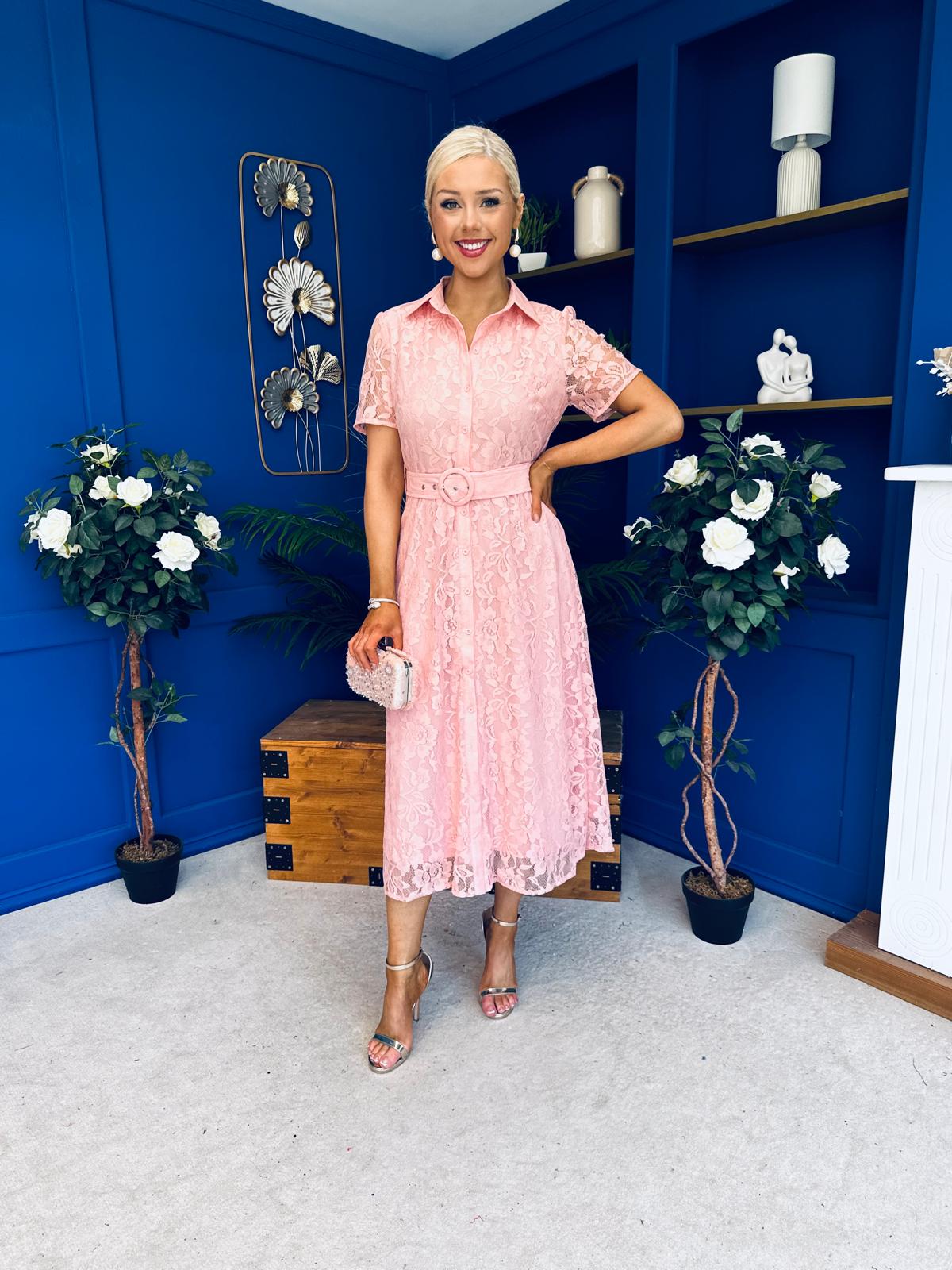 Tansy Short Sleeve Lace Shirt Dress Pink