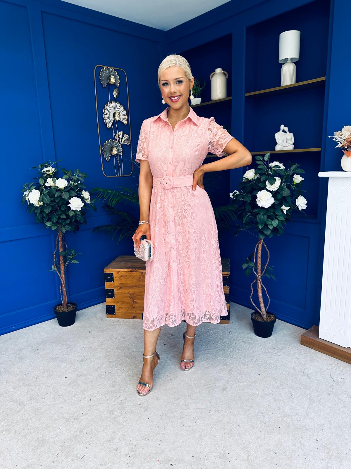 Tansy Short Sleeve Lace Shirt Dress Pink