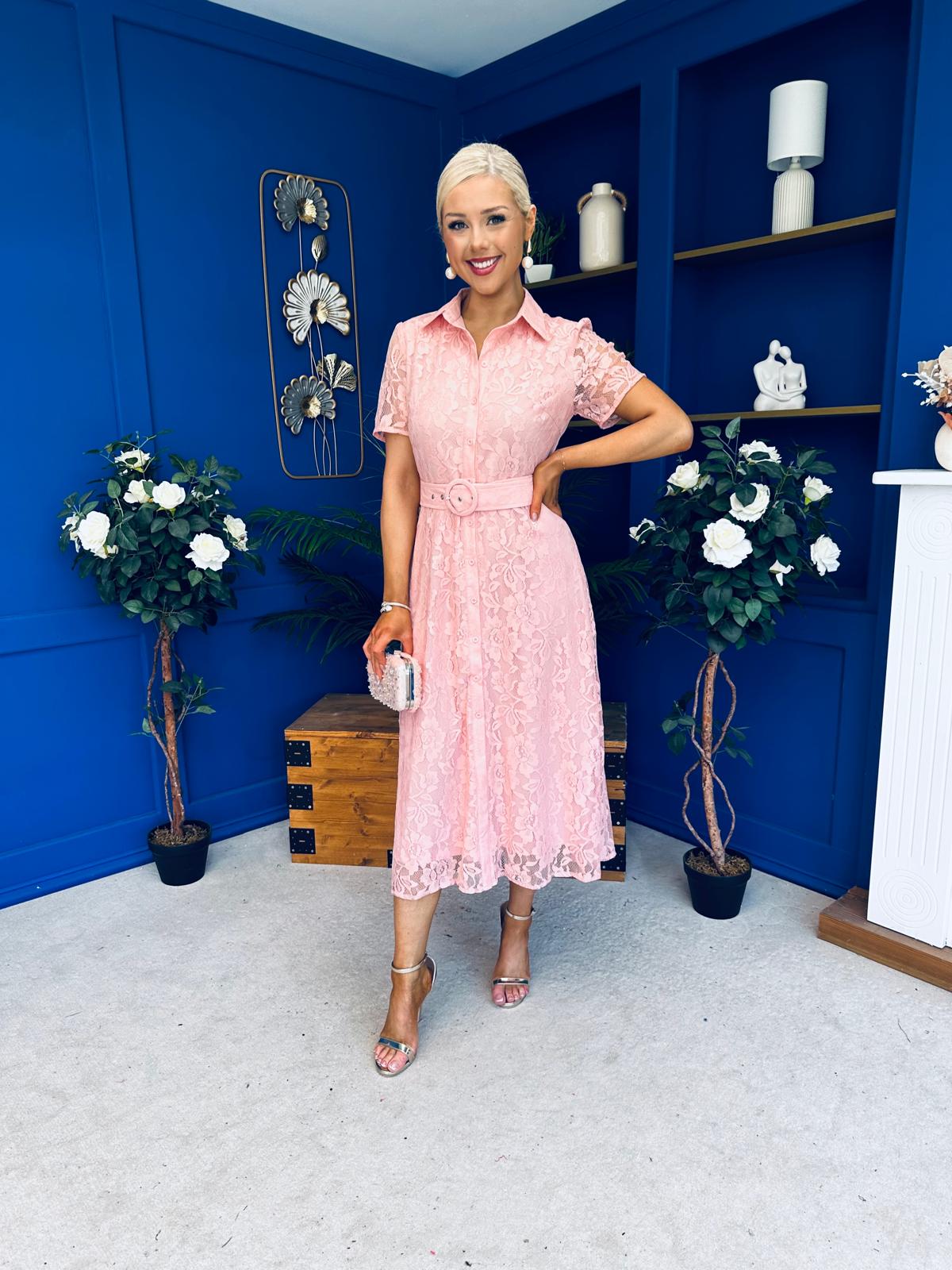 Tansy Short Sleeve Lace Shirt Dress Pink