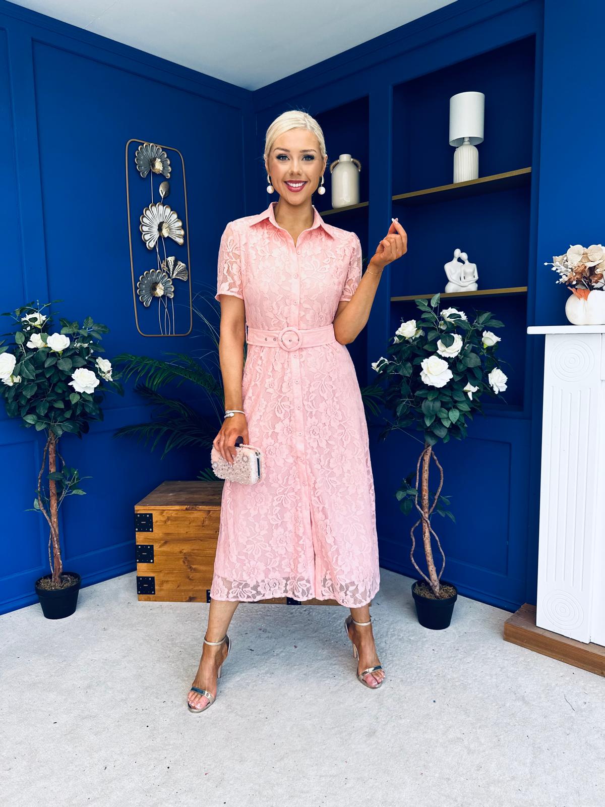 Tansy Short Sleeve Lace Shirt Dress Pink