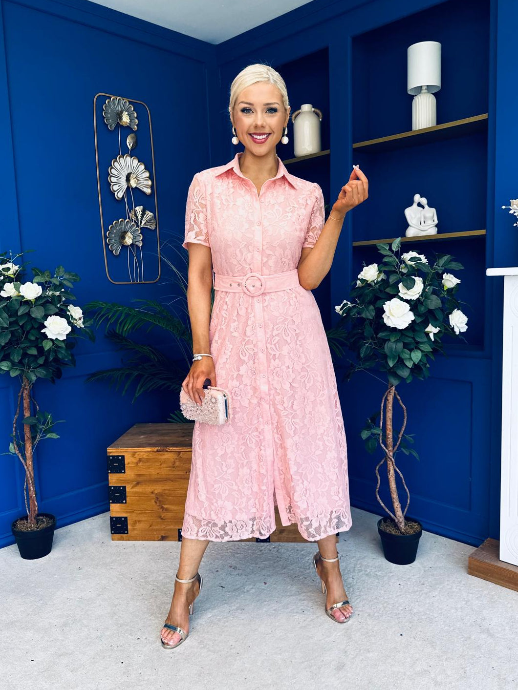 Tansy Short Sleeve Lace Shirt Dress Pink