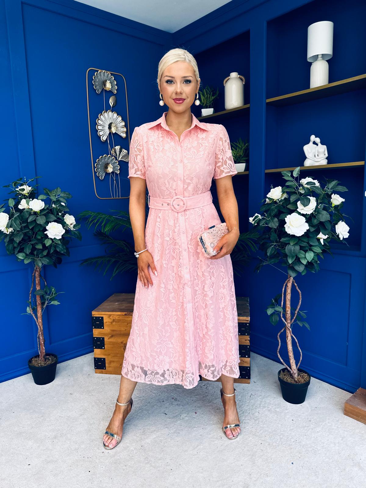 Tansy Short Sleeve Lace Shirt Dress Pink