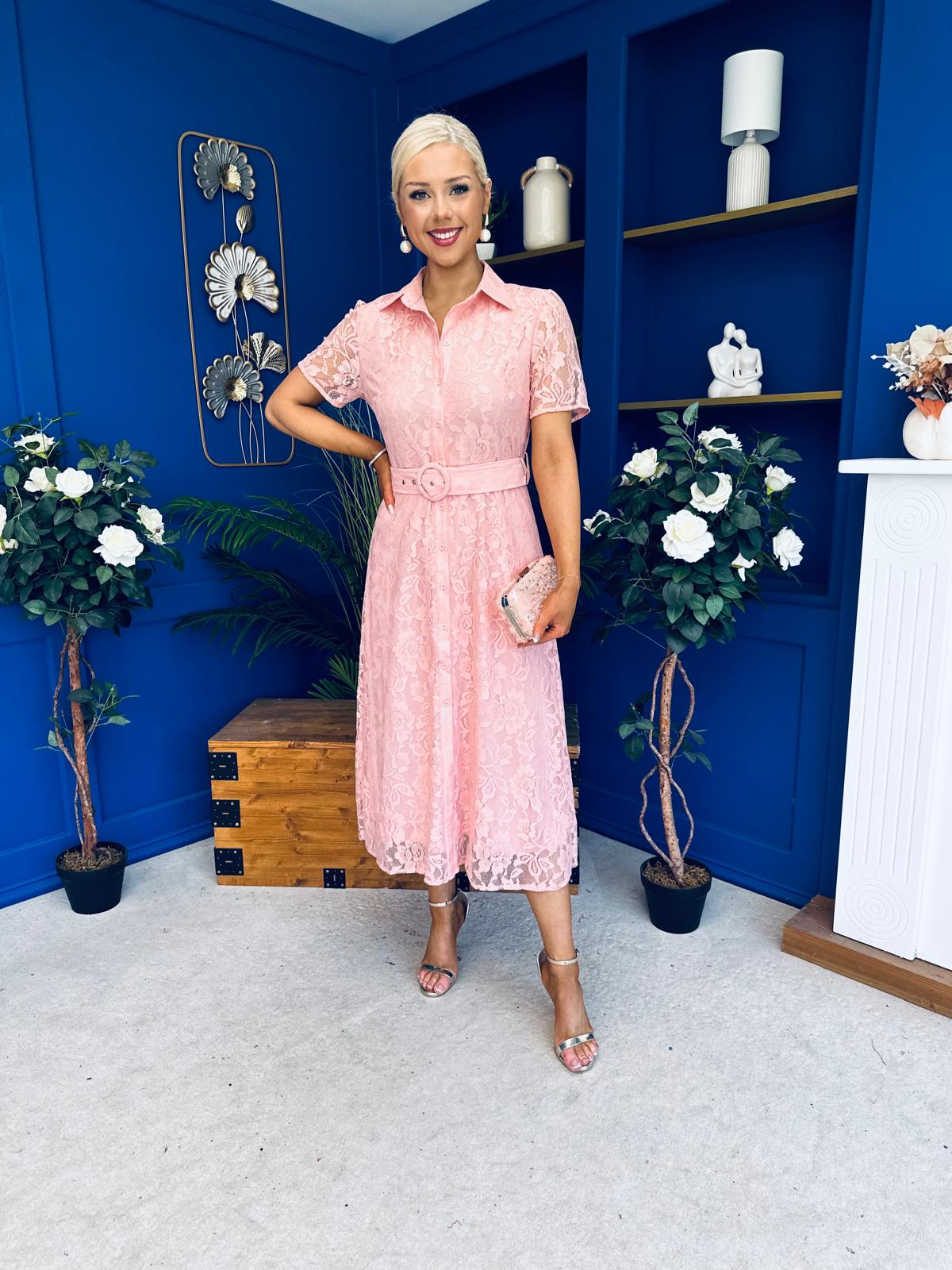 Tansy Short Sleeve Lace Shirt Dress Pink
