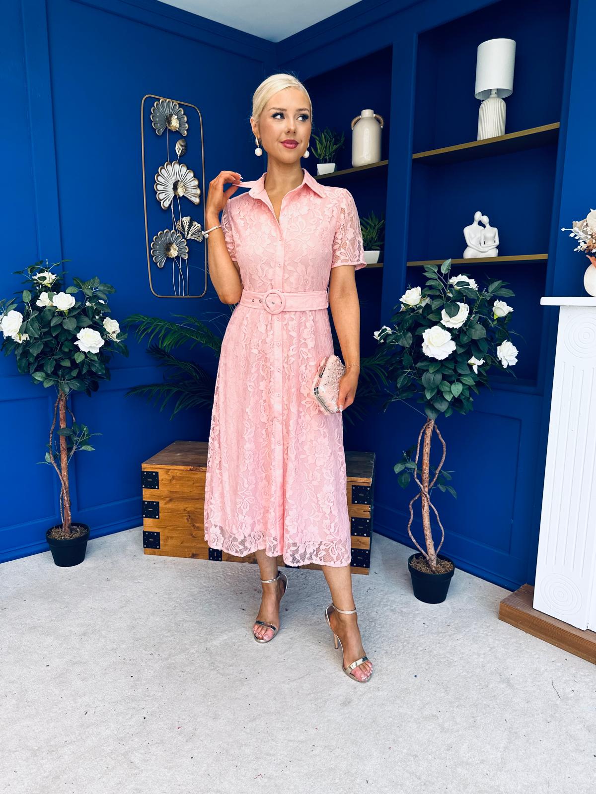 Tansy Short Sleeve Lace Shirt Dress Pink