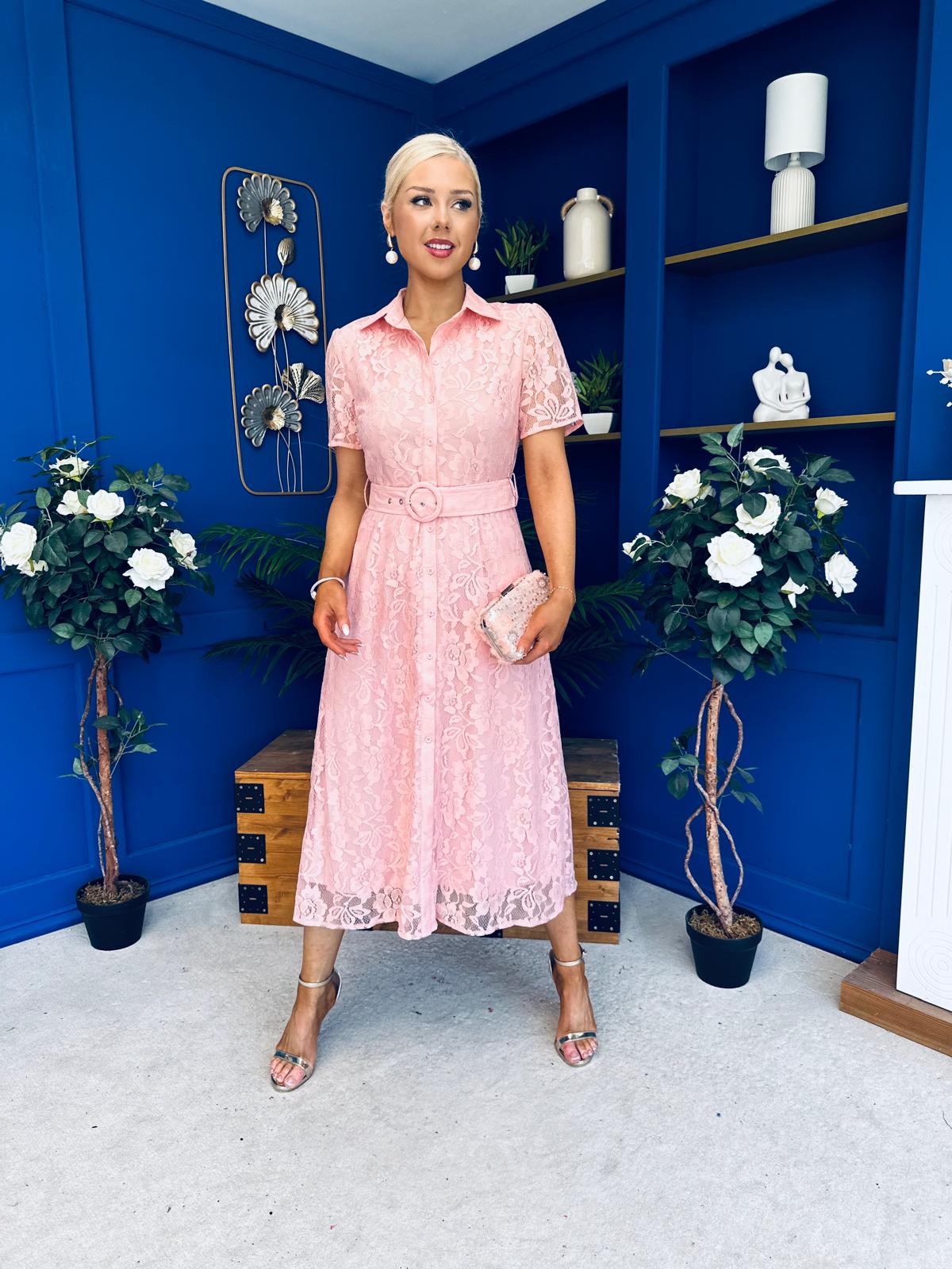 Tansy Short Sleeve Lace Shirt Dress Pink