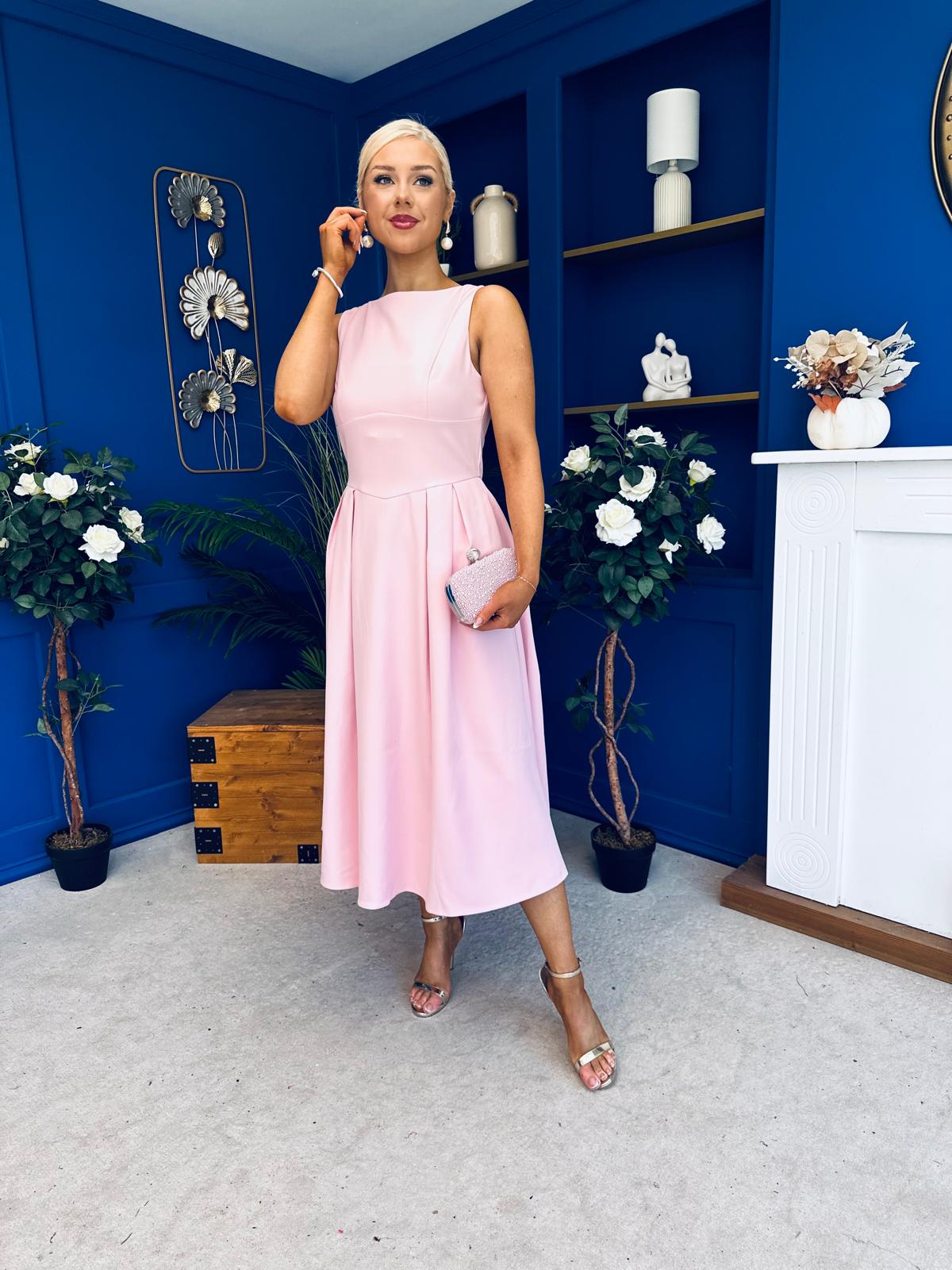 Nesta Boat Neck Skater Midi Dress Baby Pink