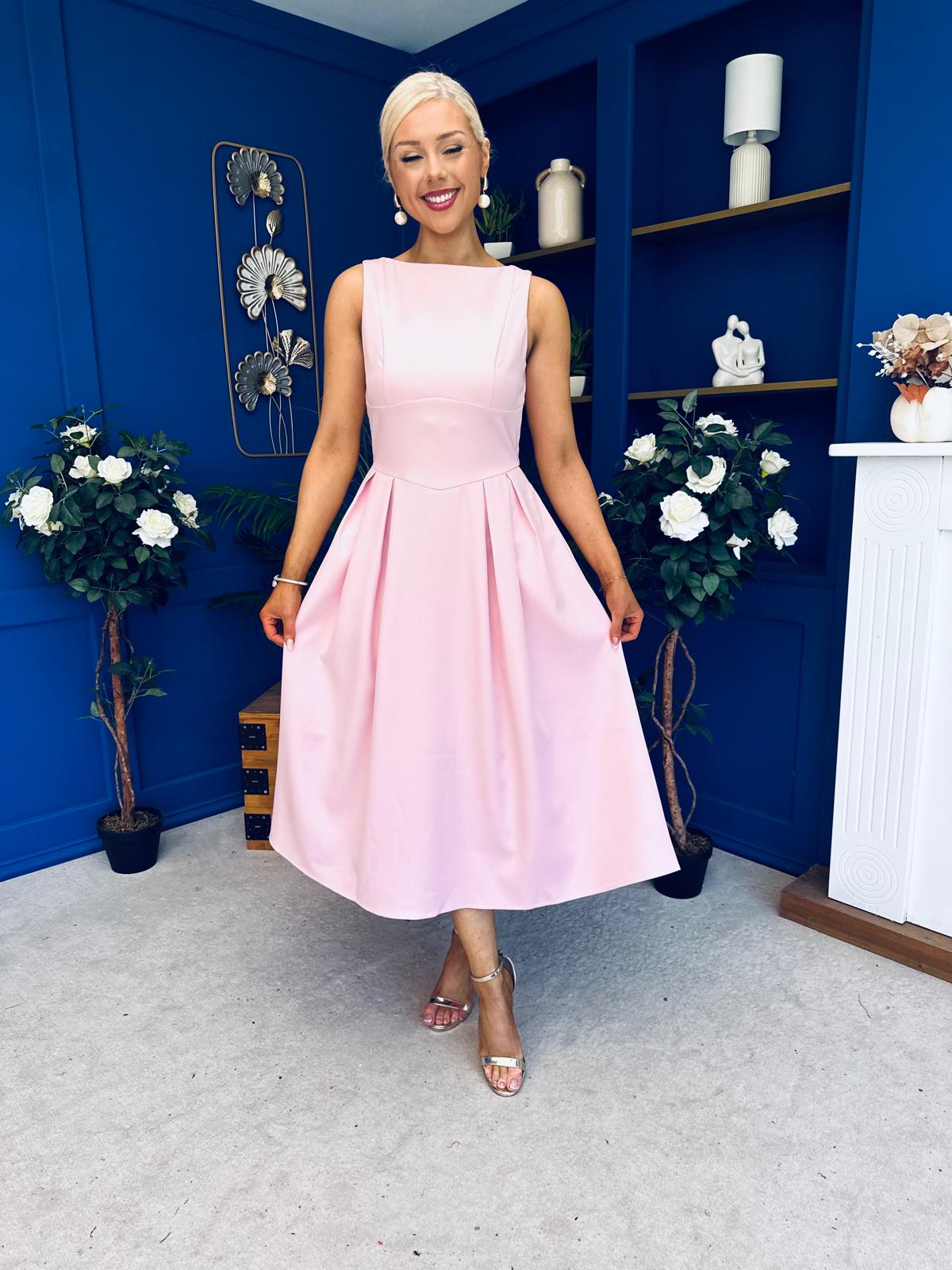 Nesta Boat Neck Skater Midi Dress Baby Pink