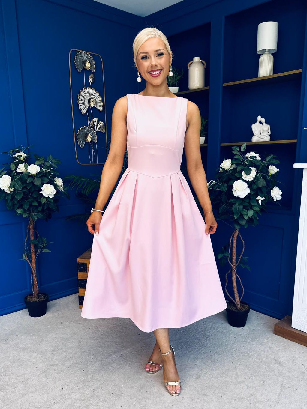 Nesta Boat Neck Skater Midi Dress Baby Pink