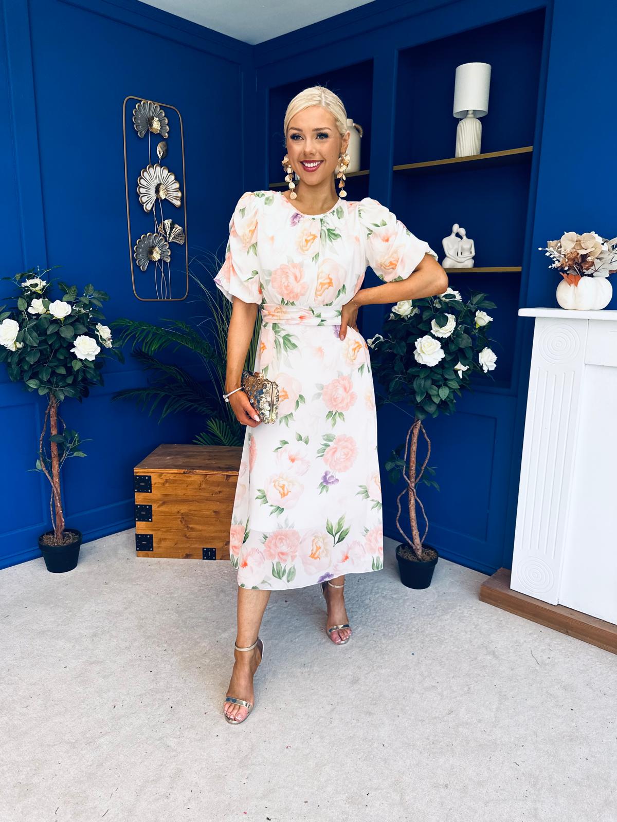 Imogen Gathered Detail Midi Dress Floral White