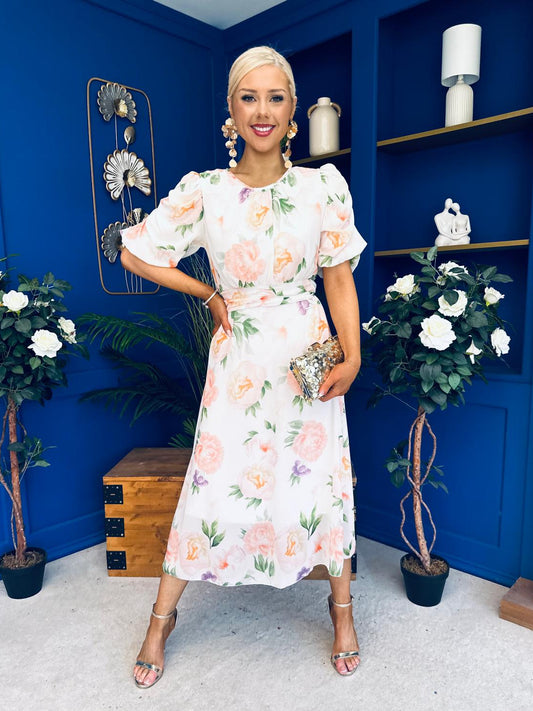 Imogen Gathered Detail Midi Dress Floral White