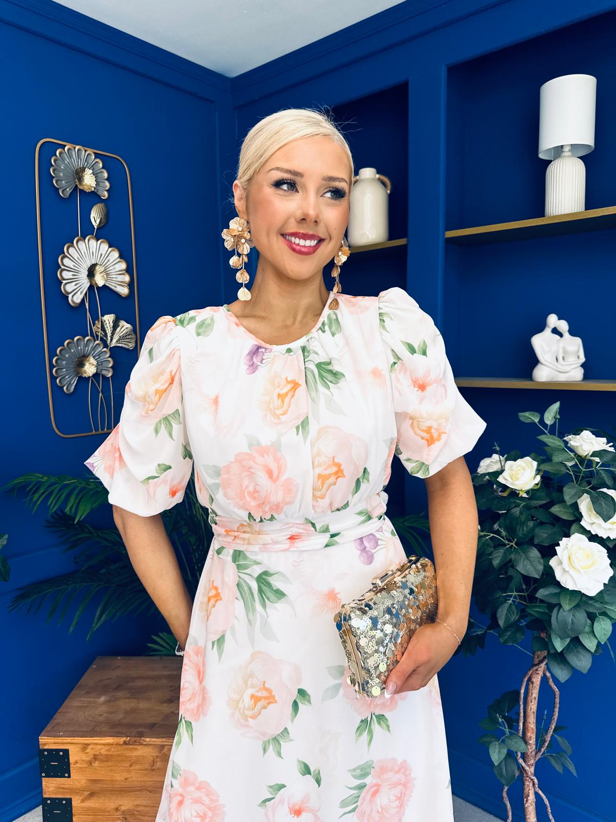 Imogen Gathered Detail Midi Dress Floral White