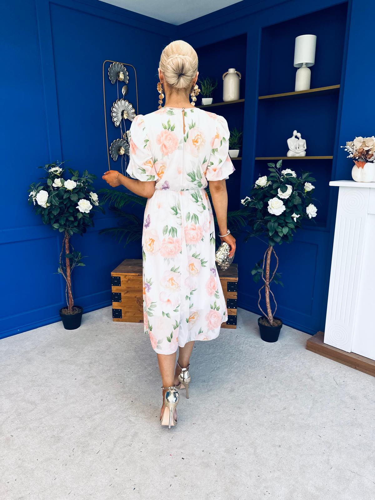 Imogen Gathered Detail Midi Dress Floral White