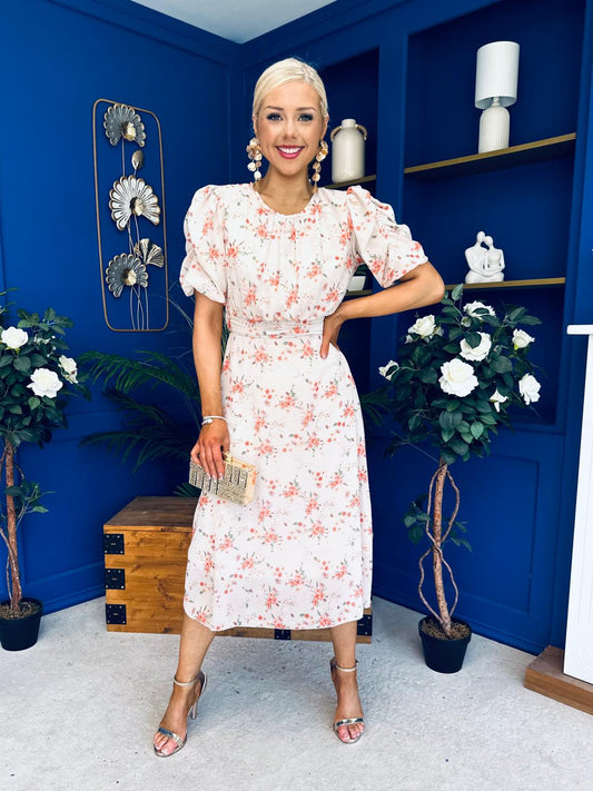 Imogen Gathered Detail Midi Dress Floral Cream