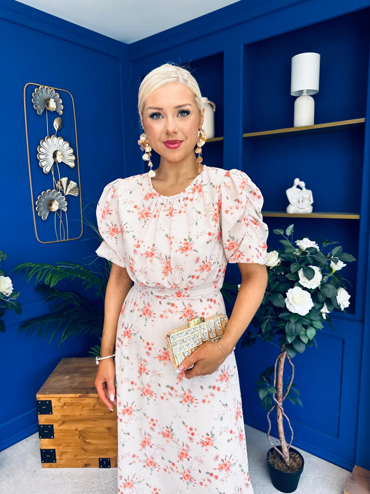 Imogen Gathered Detail Midi Dress Floral Cream