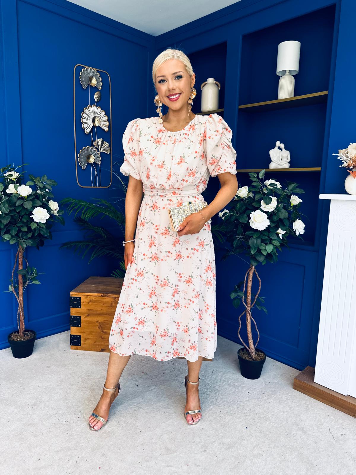 Imogen Gathered Detail Midi Dress Floral Cream