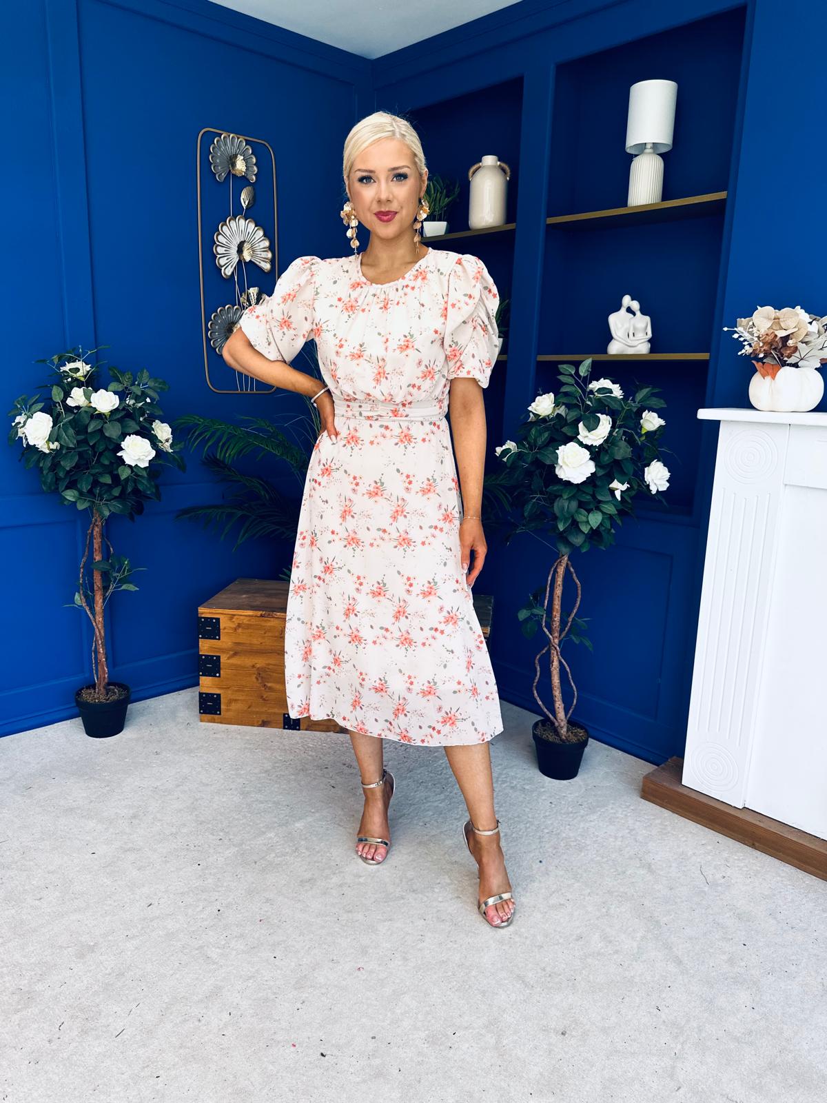 Imogen Gathered Detail Midi Dress Floral Cream