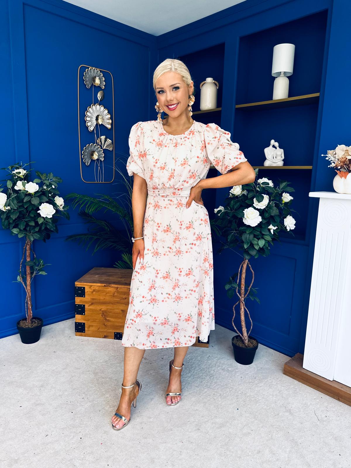 Imogen Gathered Detail Midi Dress Floral Cream