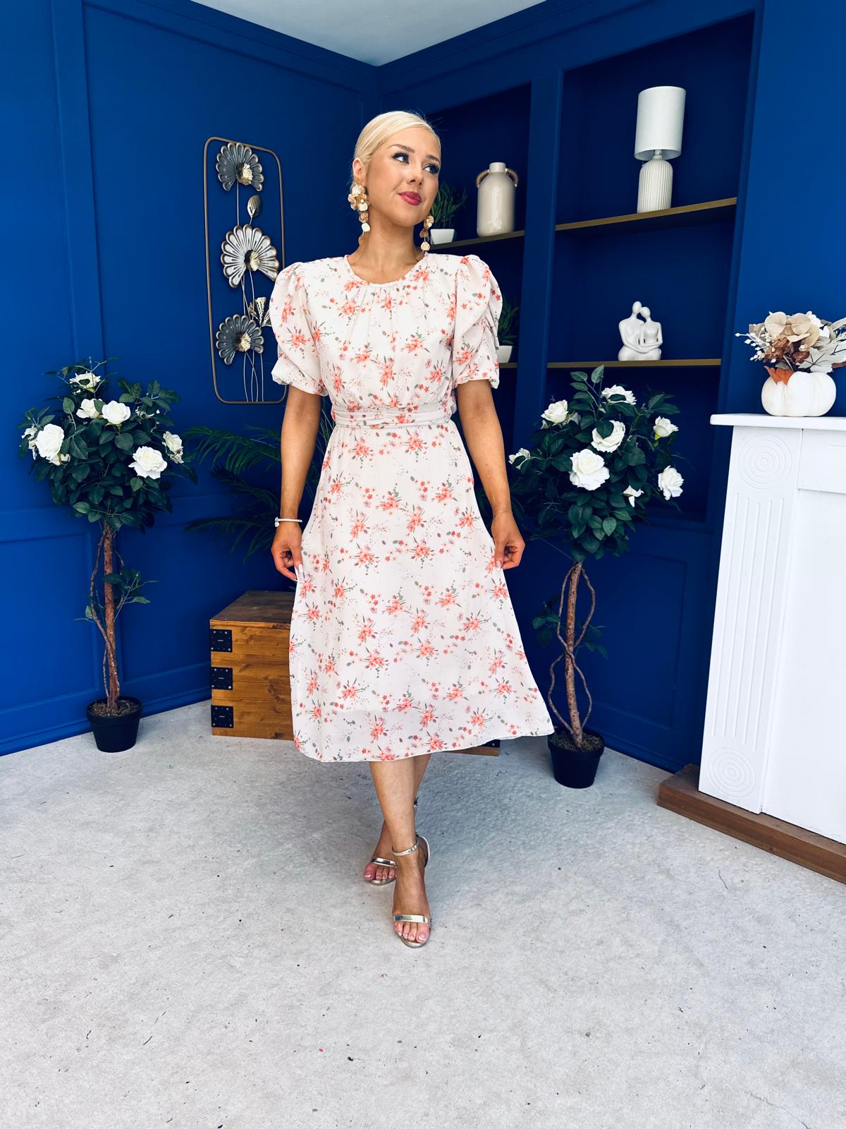 Imogen Gathered Detail Midi Dress Floral Cream