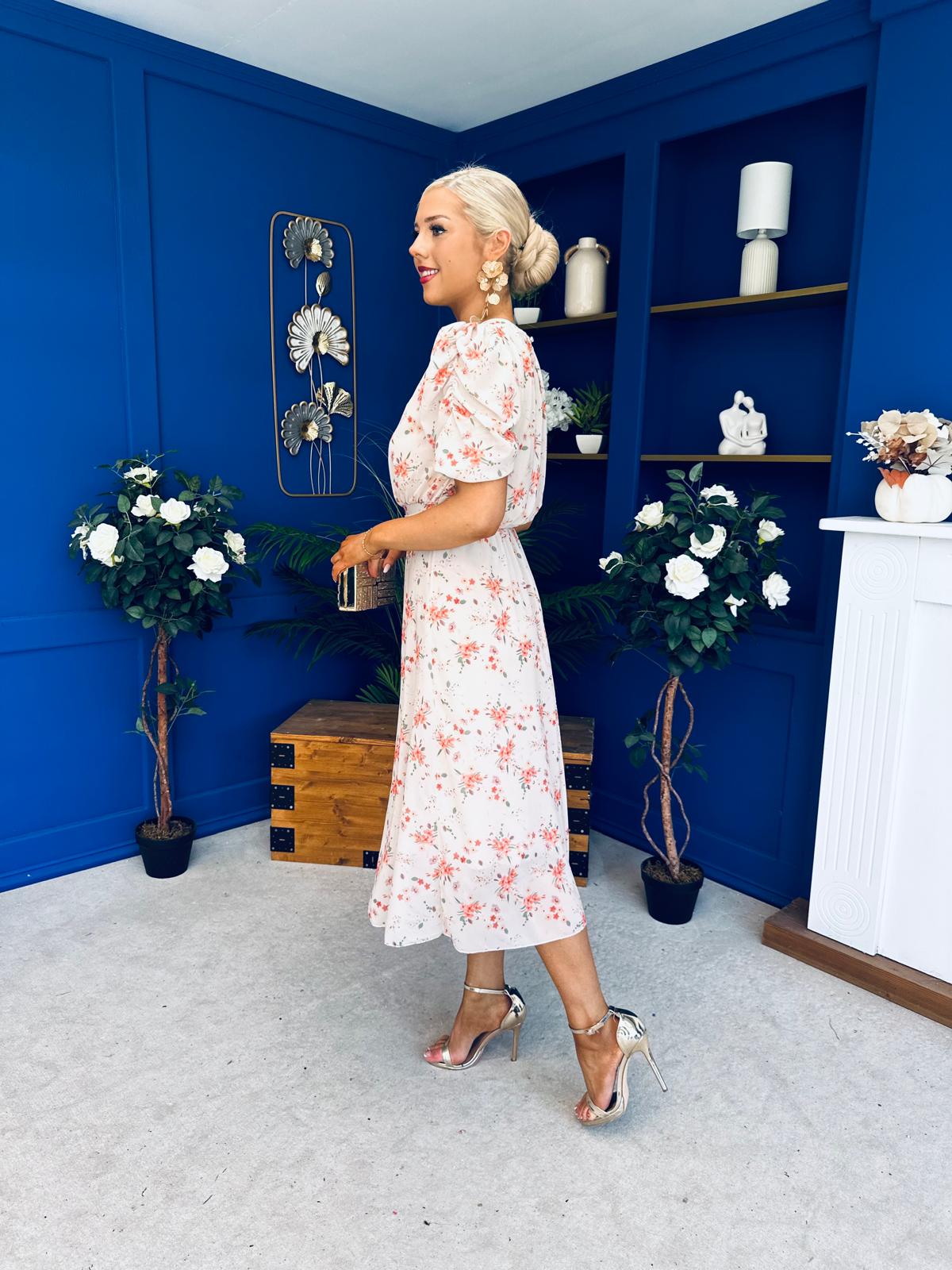 Imogen Gathered Detail Midi Dress Floral Cream